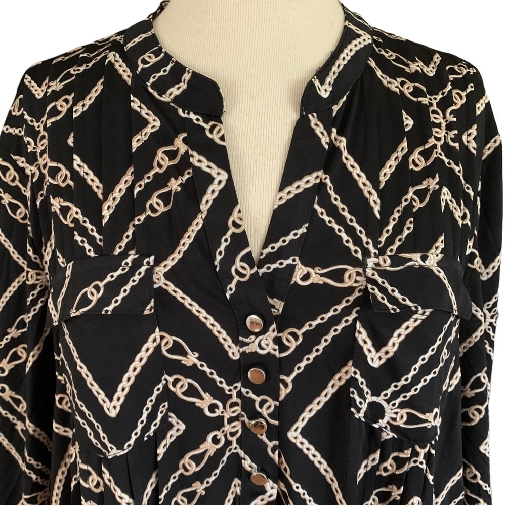 COCOMO XL Black Beige 3/4 sleeve women's Pintuck Blouse tunic shirt - Picture 5 of 12
